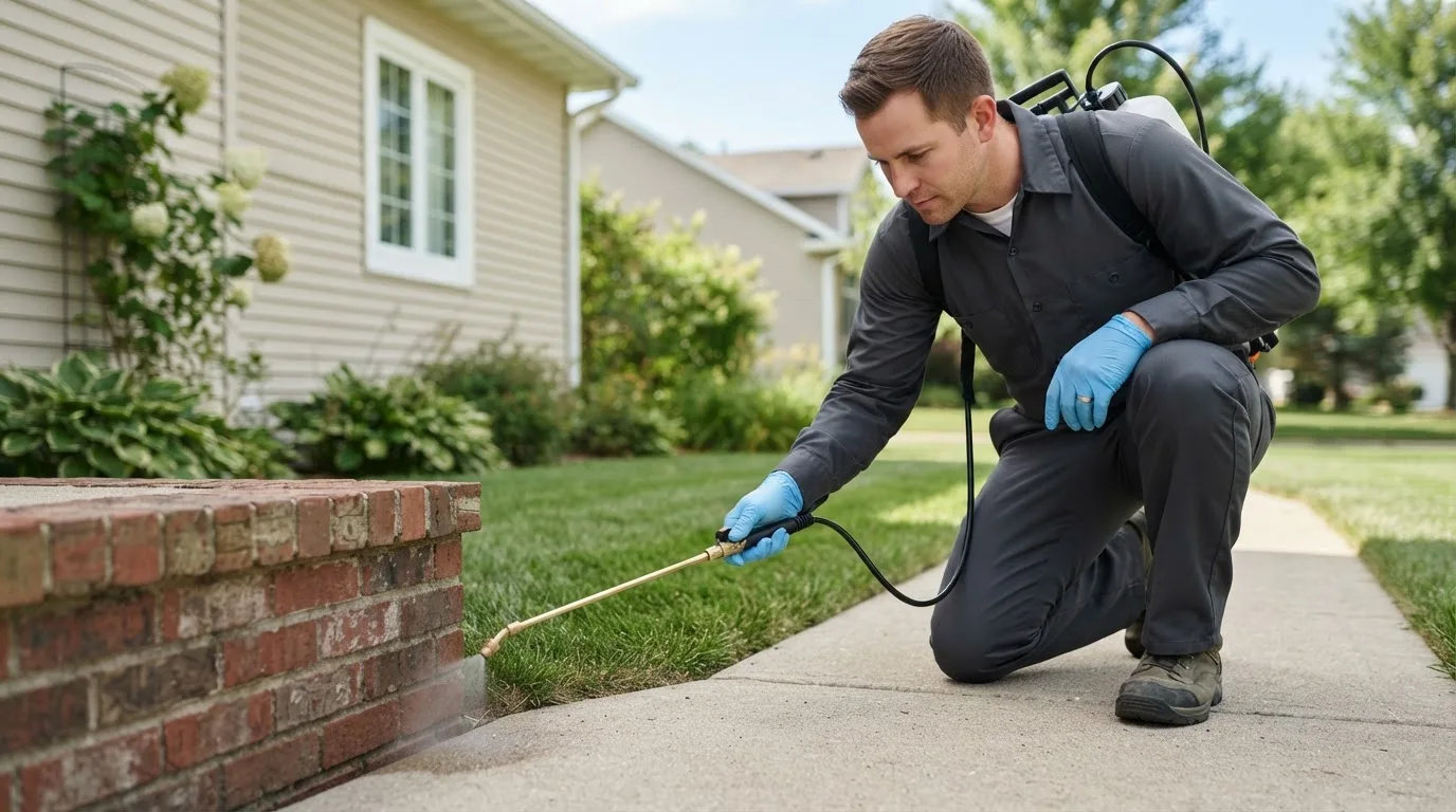 Pest control technician treating a home near Gorman, TX